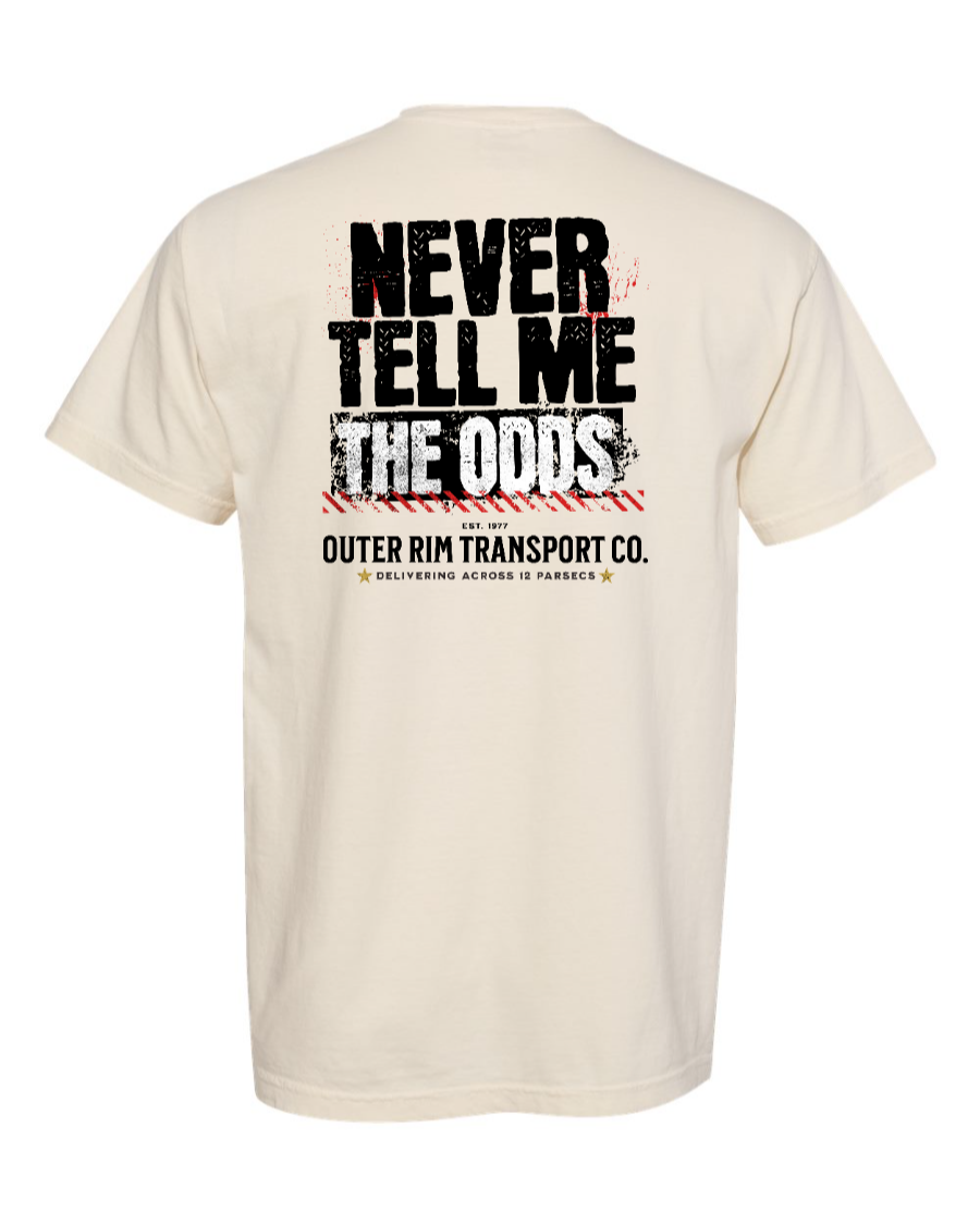 Ivory Corner of Main Never Tell Me the Odds 100% cotton T-shirt displayed flat, showing front design and soft fabric texture.