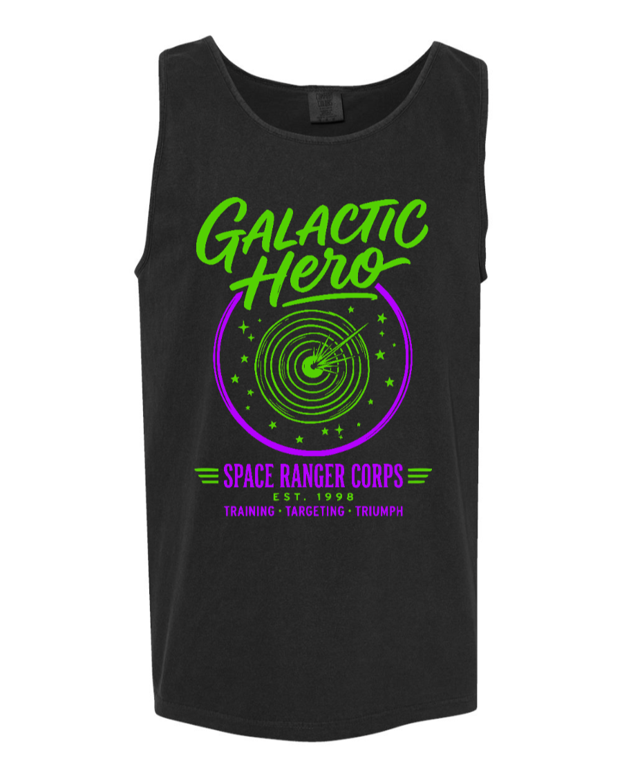 Black Galactic Hero Tank Top from Corner of Main featuring a space-themed graphic design on the front.