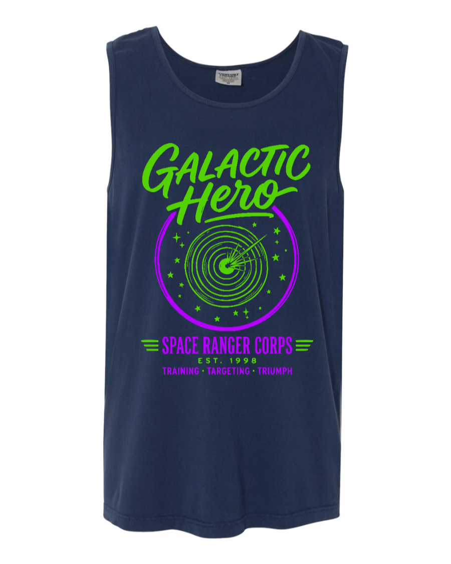 Corner of Main Galactic Hero tank top in true navy, front view showing graphic design and comfortable sleeveless fit.