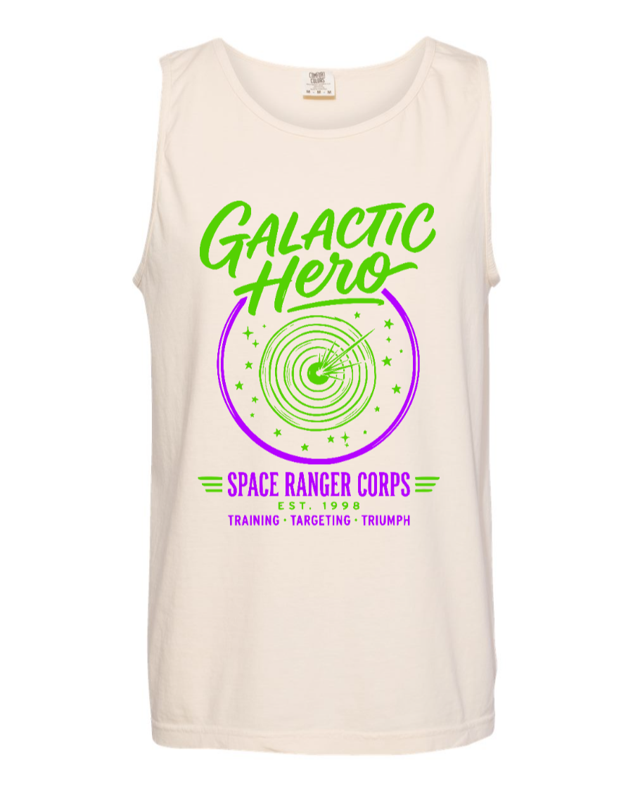 Corner of Main galactic hero tank top in ivory, front view showing space-themed graphic and comfortable sleeveless design.