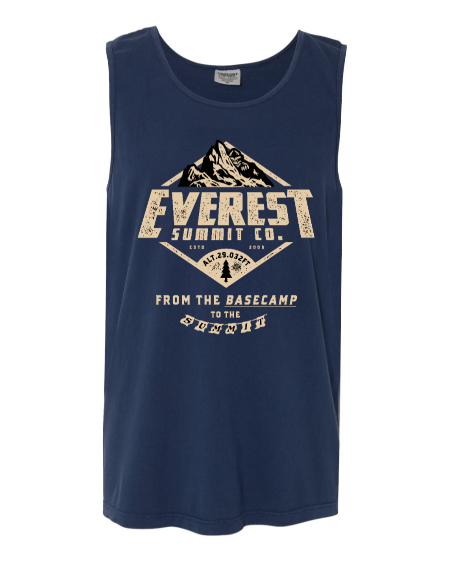 Corner of Main Everest Summit Co tank top in true navy, front view showing lightweight sleeveless design and casual fit.