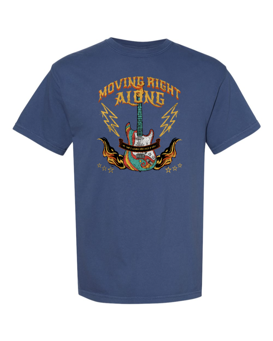 Blue Cotton T-shirt featuring "Moving Right Along (Rock n' Roller Coaster)" design by Corner of Main, front view.