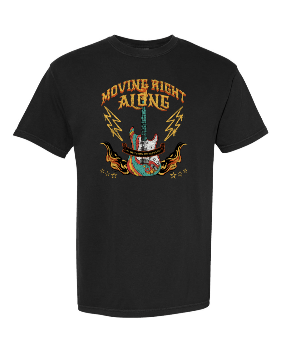 Black Corner of Main T-shirt featuring "Moving Right Along (Rock n' Roller Coaster)" design made from 100% cotton.