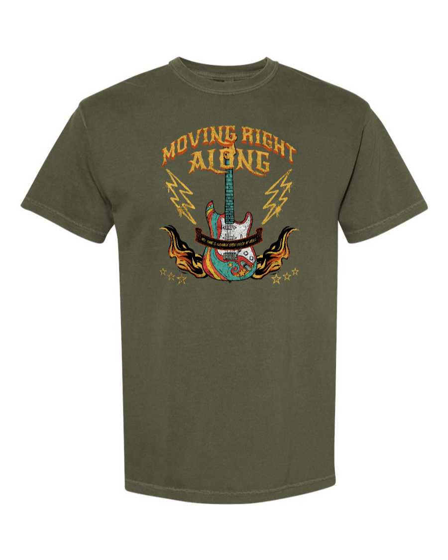 Sage-colored Corner of Main Moving Right Along Rock n' Roller Coaster cotton T-shirt with front graphic design