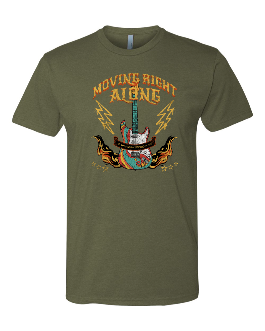 Military green Corner of Main Moving Right Along Rock n' Roller Coaster T-shirt with front graphic design