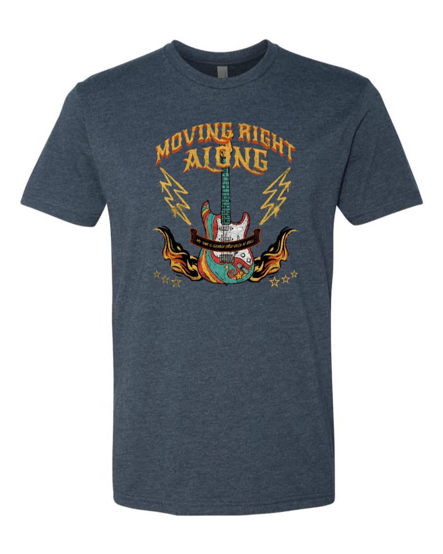 Midnight navy T-shirt featuring the "Moving Right Along" Rock n' Roller Coaster design by Corner of Main.