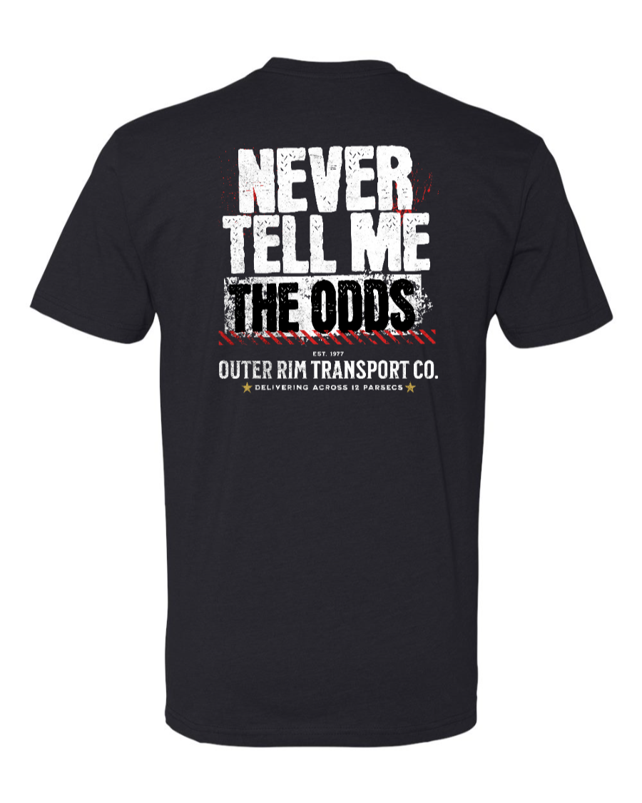 Black Next Level T-shirt by Corner of Main featuring "Never Tell Me the Odds" design on the back.
