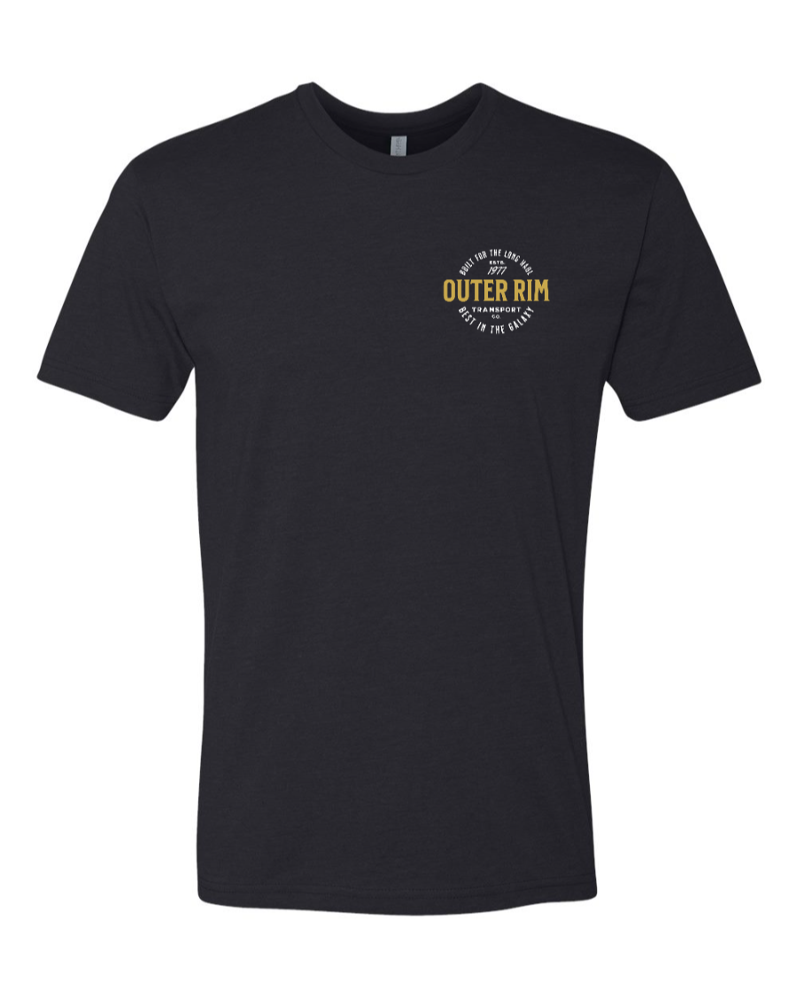 Black Next Level T-shirt by Corner of Main featuring "Never Tell Me the Odds" text on the left chest.