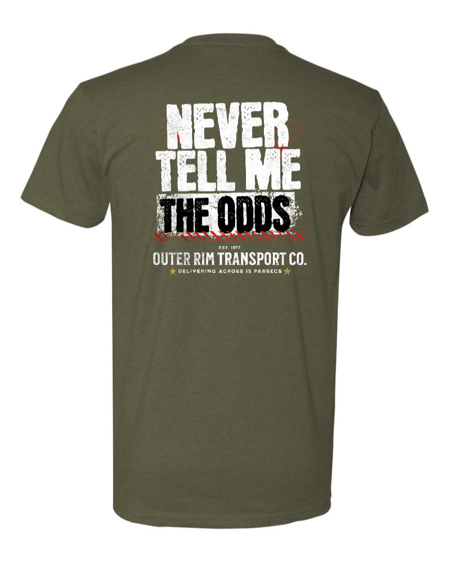 Military green Next Level T-shirt by Corner of Main featuring "Never Tell Me the Odds" printed design on front.
