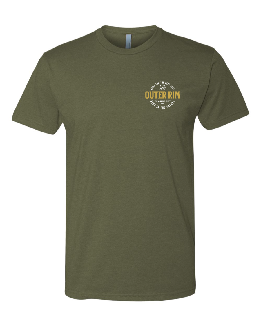 Military green Next Level T-shirt by Corner of Main featuring a left chest graphic design.