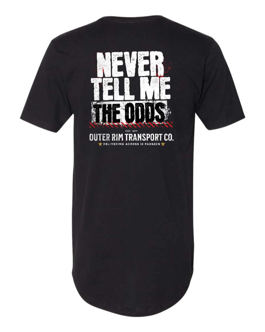 Black long body T-shirt by Corner of Main featuring "Never Tell Me the Odds" graphic on the back.