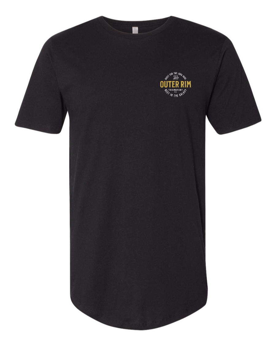 Black Corner of Main Never Tell Me the Odds long body T-shirt with left chest logo design.