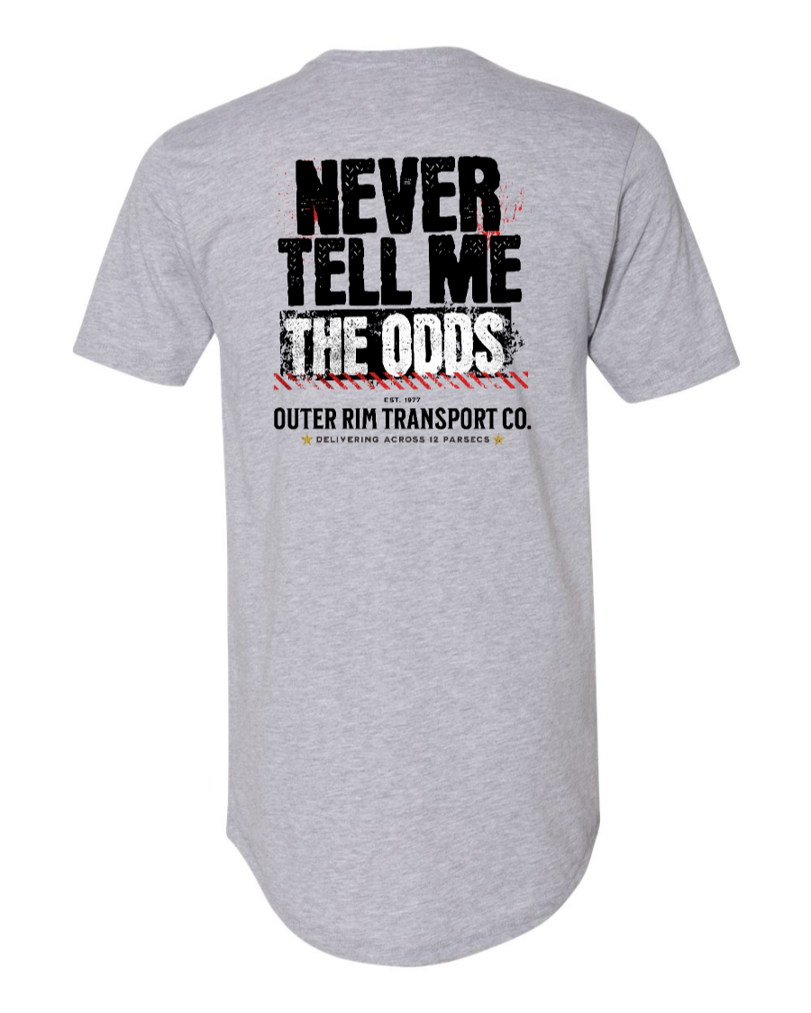 Heather grey Corner of Main Never Tell Me the Odds long body T-shirt shown from the back with a casual fit and graphic design.