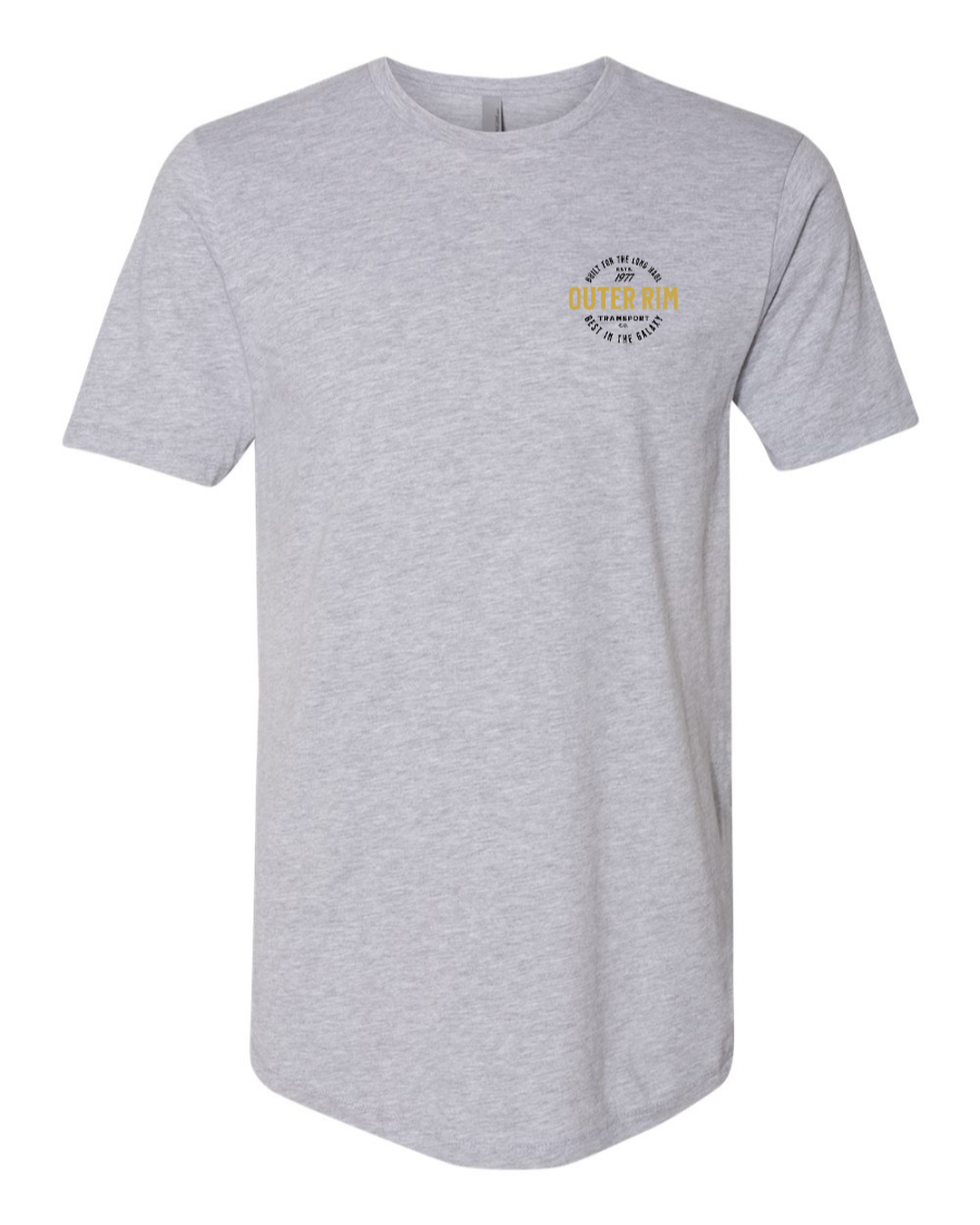 Heather grey Corner of Main Never Tell Me the Odds long body T-shirt with left chest graphic.