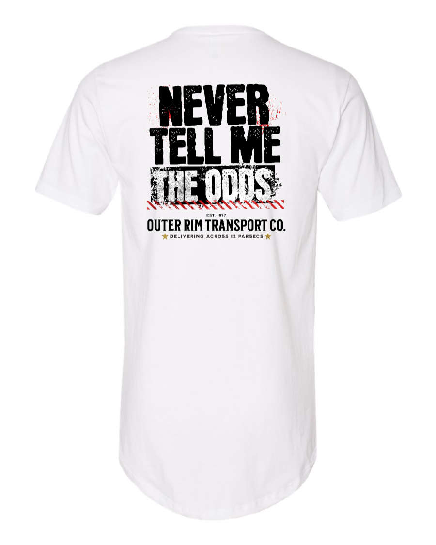 White long body T-shirt by Corner of Main featuring "Never Tell Me the Odds" printed design on the back.