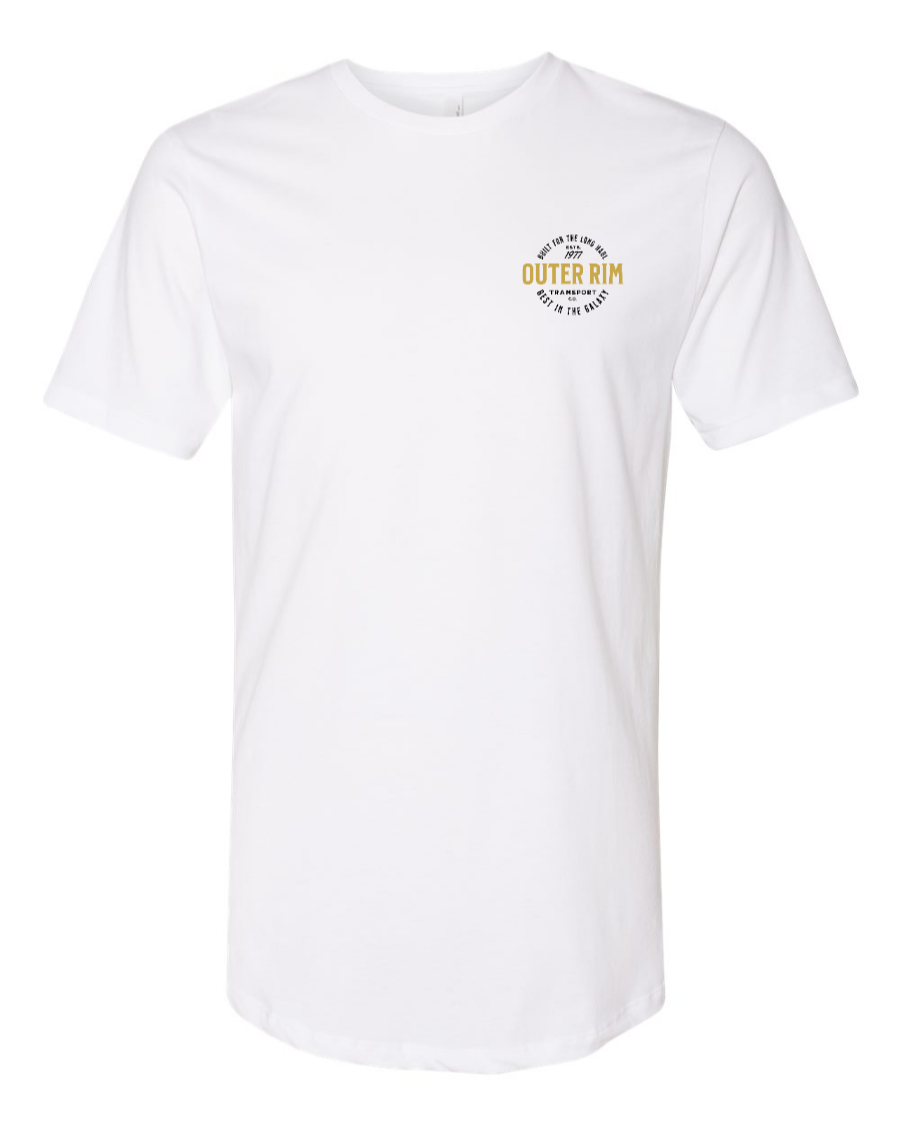 White Corner of Main long body T-shirt featuring "Never Tell Me the Odds" slogan on the left chest.
