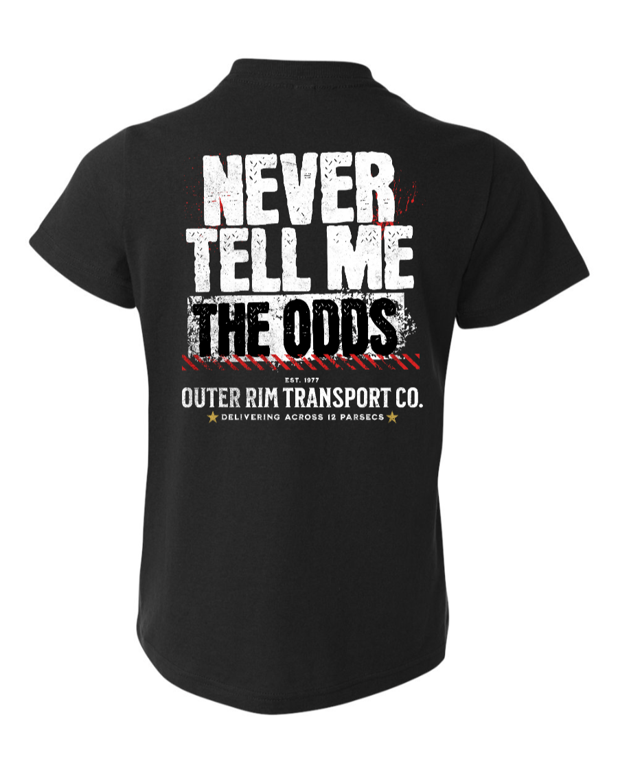 Black kids' T-shirt from Corner of Main with "Never Tell Me the Odds" graphic on the back, casual youth shirt for children.