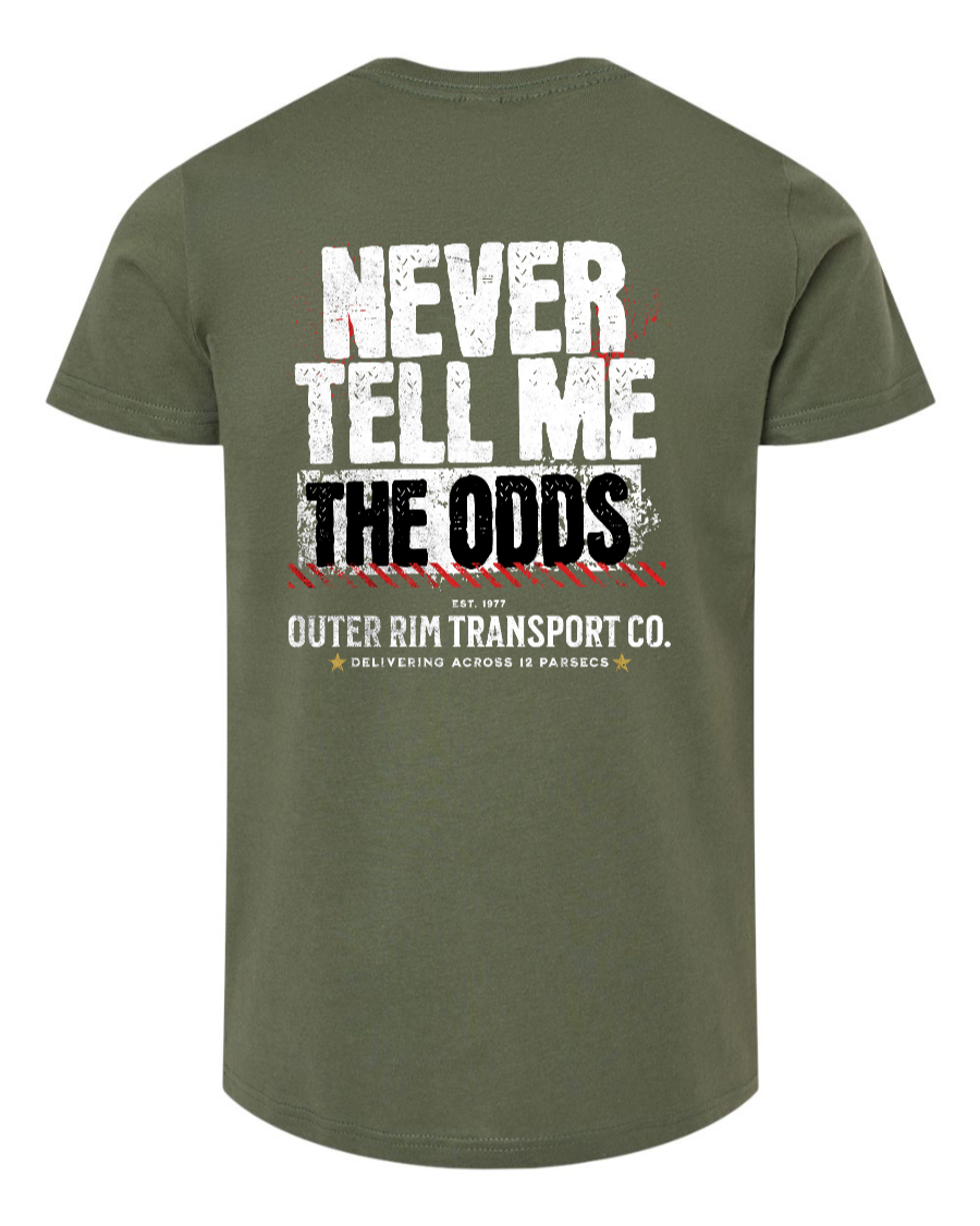 Military green kids' T-shirt by Corner of Main featuring the "Never Tell Me the Odds" design on the back.