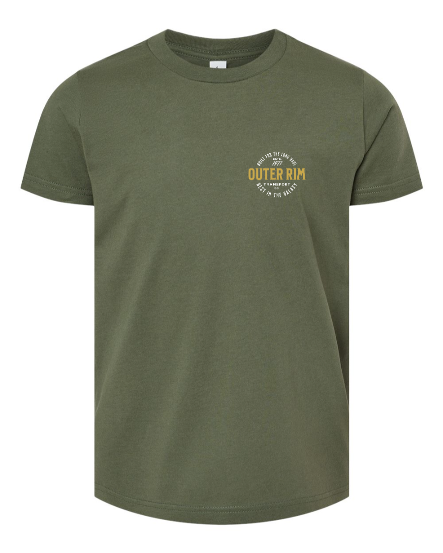 Military green youth T-shirt by Corner of Main with "Never Tell Me the Odds" graphic on the left chest.