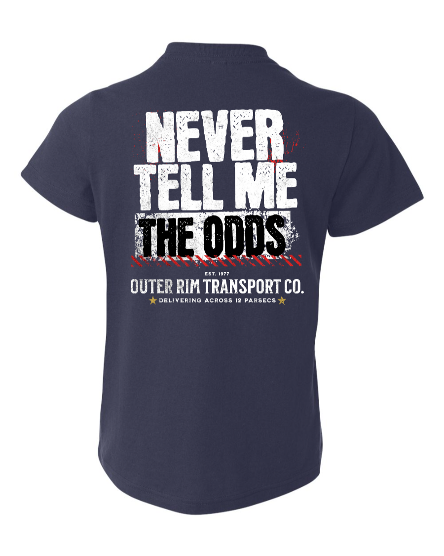 Navy youth T-shirt with "Never Tell Me the Odds" graphic from Corner of Main, featuring a casual kids' shirt design.