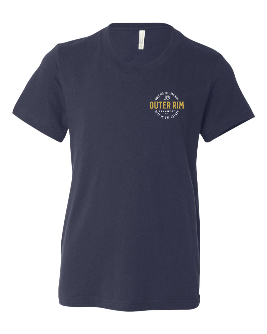 Navy kids' youth T-shirt from Corner of Main featuring "Never Tell Me the Odds" printed on the front.