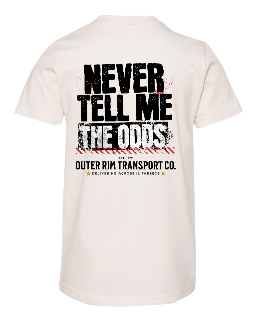 Kids' youth t-shirt by Corner of Main featuring "Never Tell Me the Odds" print on natural fabric, back view.