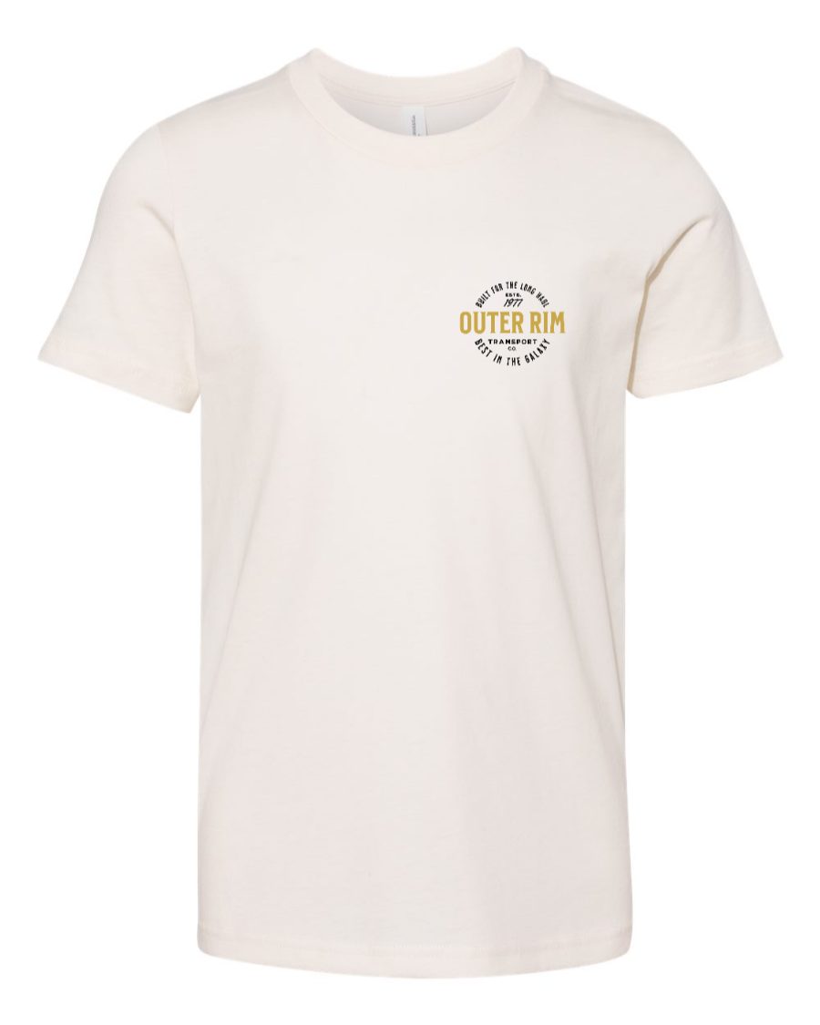 Kids youth T-shirt from Corner of Main with "Never Tell Me the Odds" slogan, natural-colored fabric, and left-chest design.