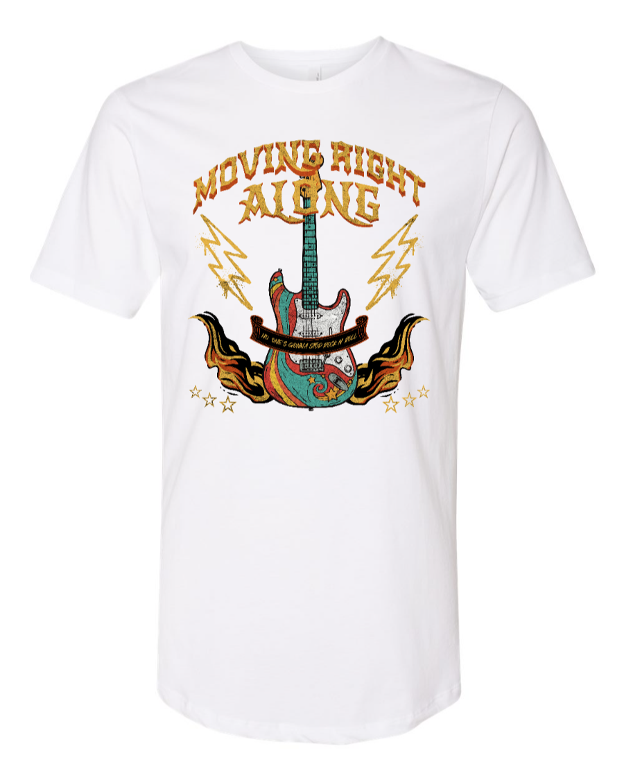 White Corner of Main Moving Right Along Rock n' Roller Coaster T-shirt with front graphic design, long body fit.