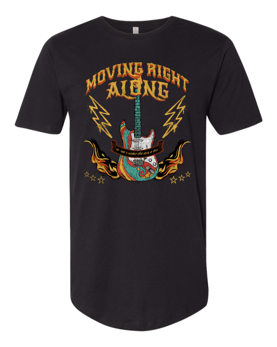 Black T-shirt featuring the "Moving Right Along (Rock n' Roller Coaster)" design by Corner of Main, front view.