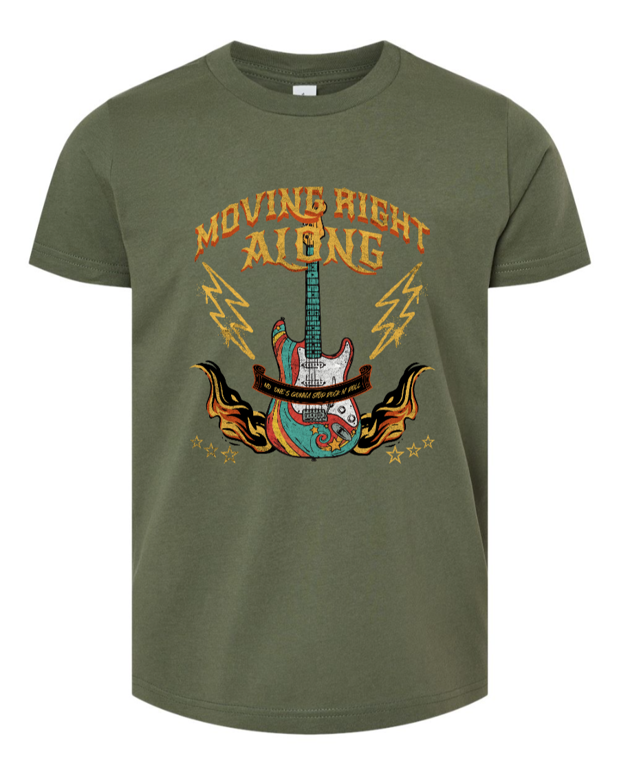 Youth green T-shirt featuring the "Moving Right Along" Rock n' Roller Coaster graphic by Corner of Main.