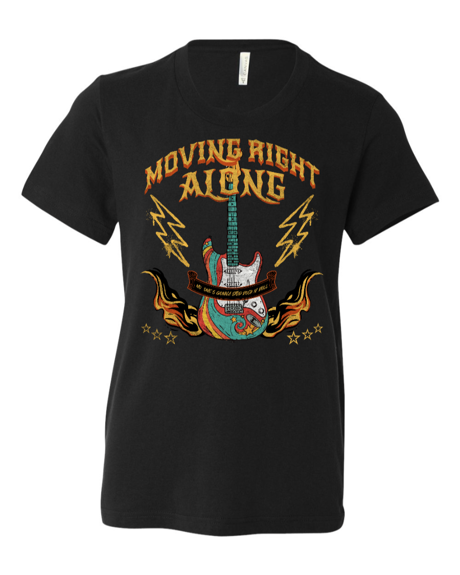 Black kids' T-shirt featuring the "Moving Right Along" Rock n' Roller Coaster design by Corner of Main.