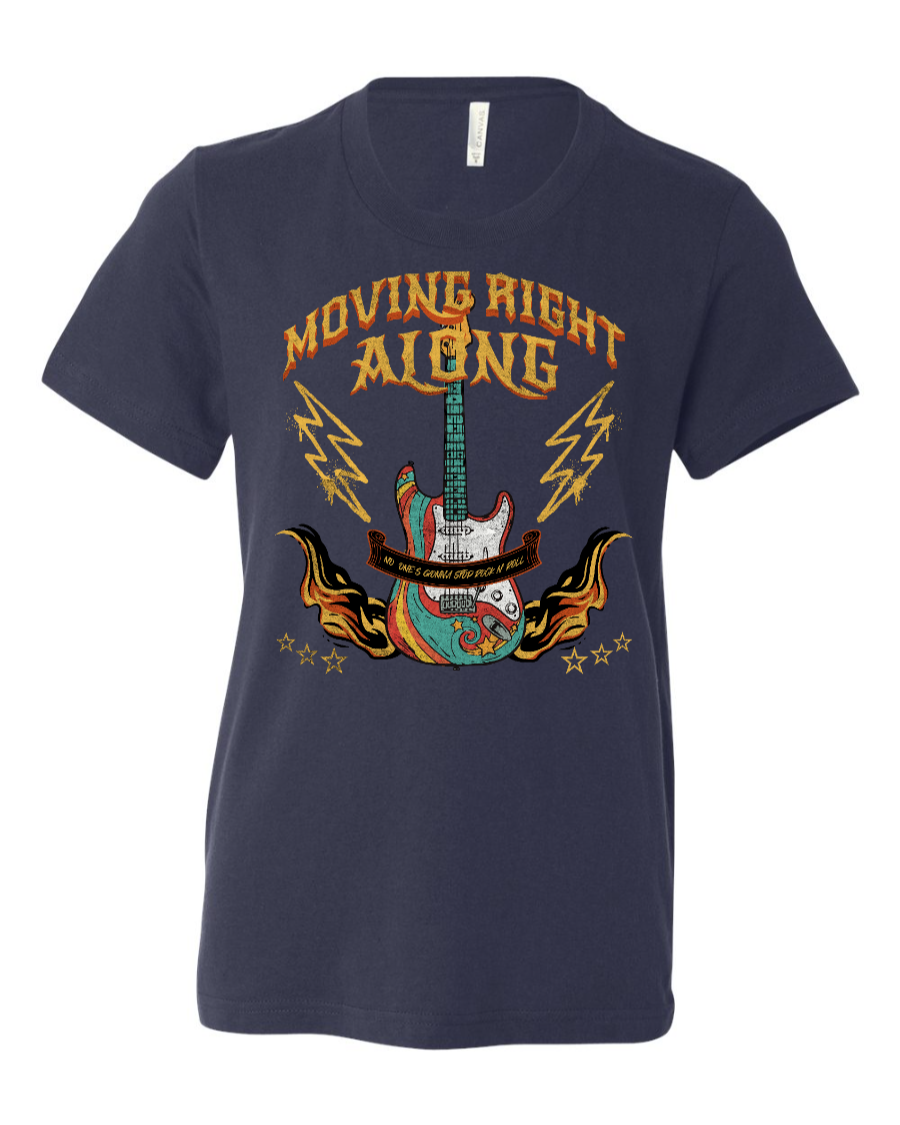 Navy youth T-shirt with "Moving Right Along" and rock n' roller coaster graphic, by Corner of Main, front view.