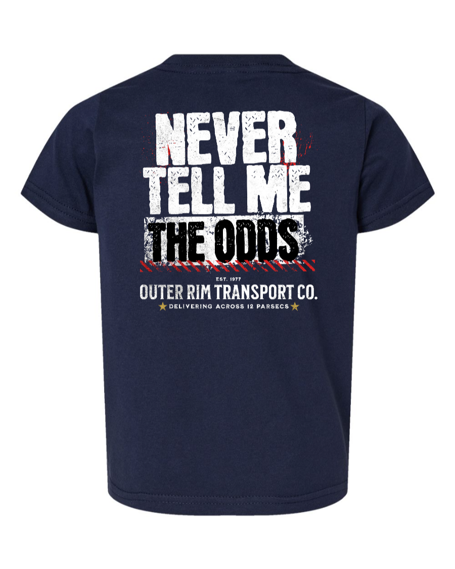 Navy toddler kids shirt with "Never Tell Me the Odds" printed on the front, by Corner of Main.