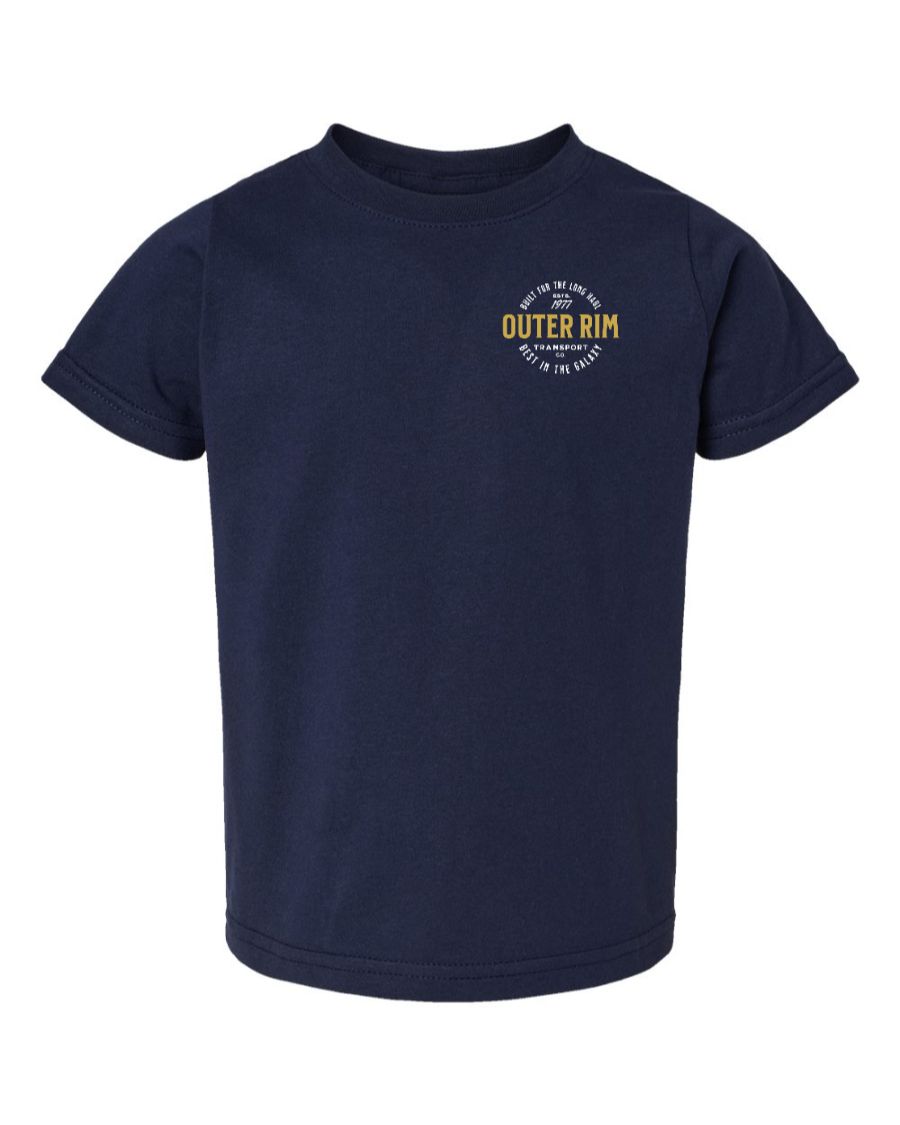 Navy toddler kids shirt with "Never Tell Me the Odds" printed slogan from Corner of Main, featuring a left-chest design.