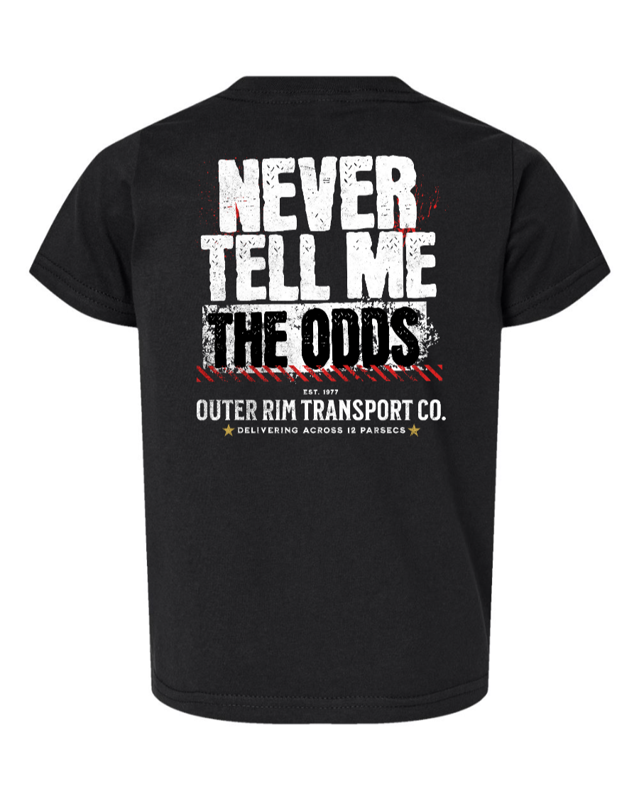 Black toddler T-shirt from Corner of Main with "Never Tell Me the Odds" graphic on the back, casual kids' shirt for everyday wear.