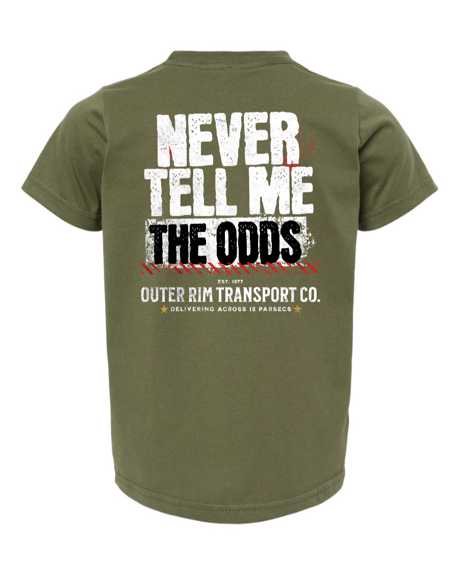 Toddler kids shirt in military green with "Never Tell Me the Odds" graphic, by Corner of Main.