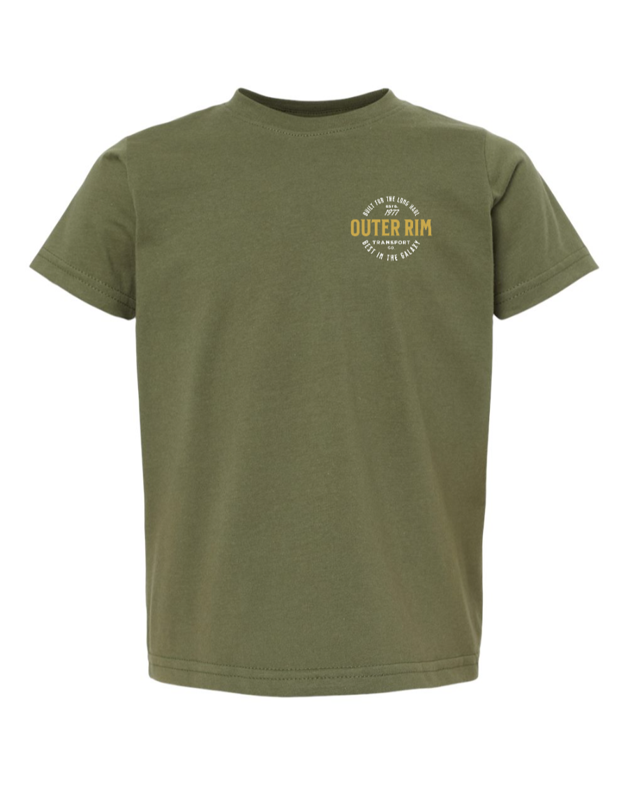 Toddler kids shirt in military green with "Never Tell Me the Odds" print from Corner of Main, left chest view.