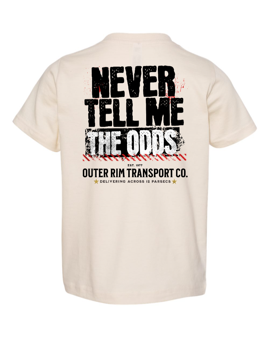 Toddler kids shirt by Corner of Main, natural color "Never Tell Me the Odds" graphic tee with back view.