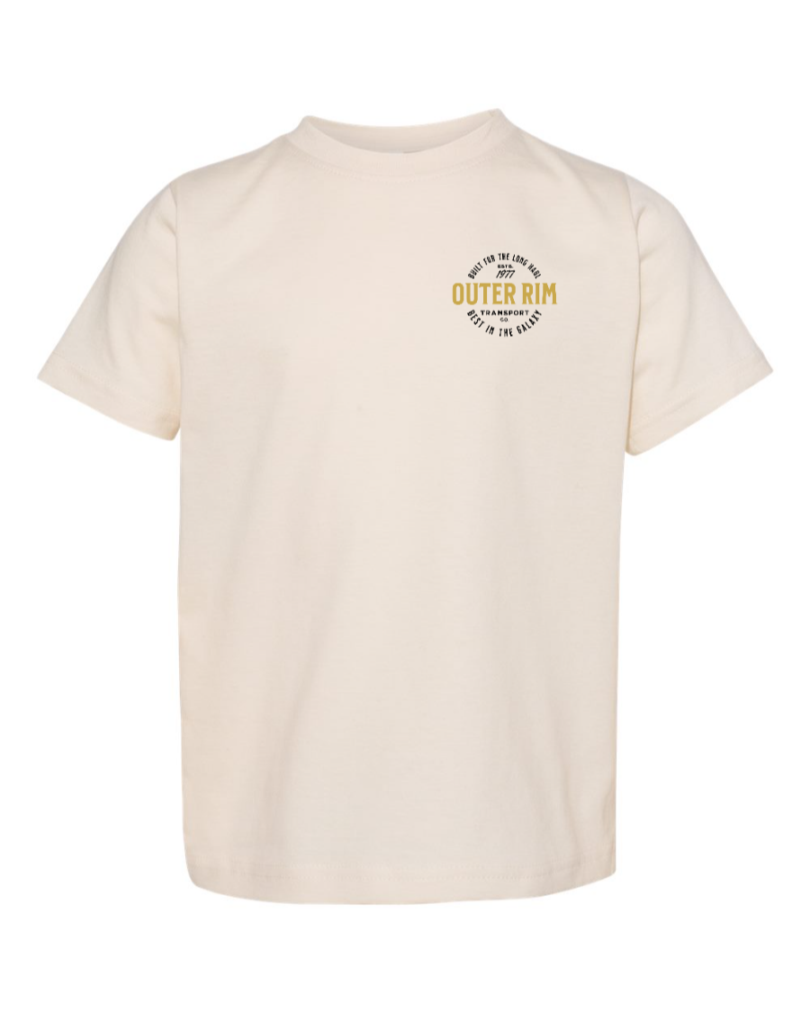 Toddler kids shirt by Corner of Main featuring "Never Tell Me the Odds" slogan on natural-colored fabric.