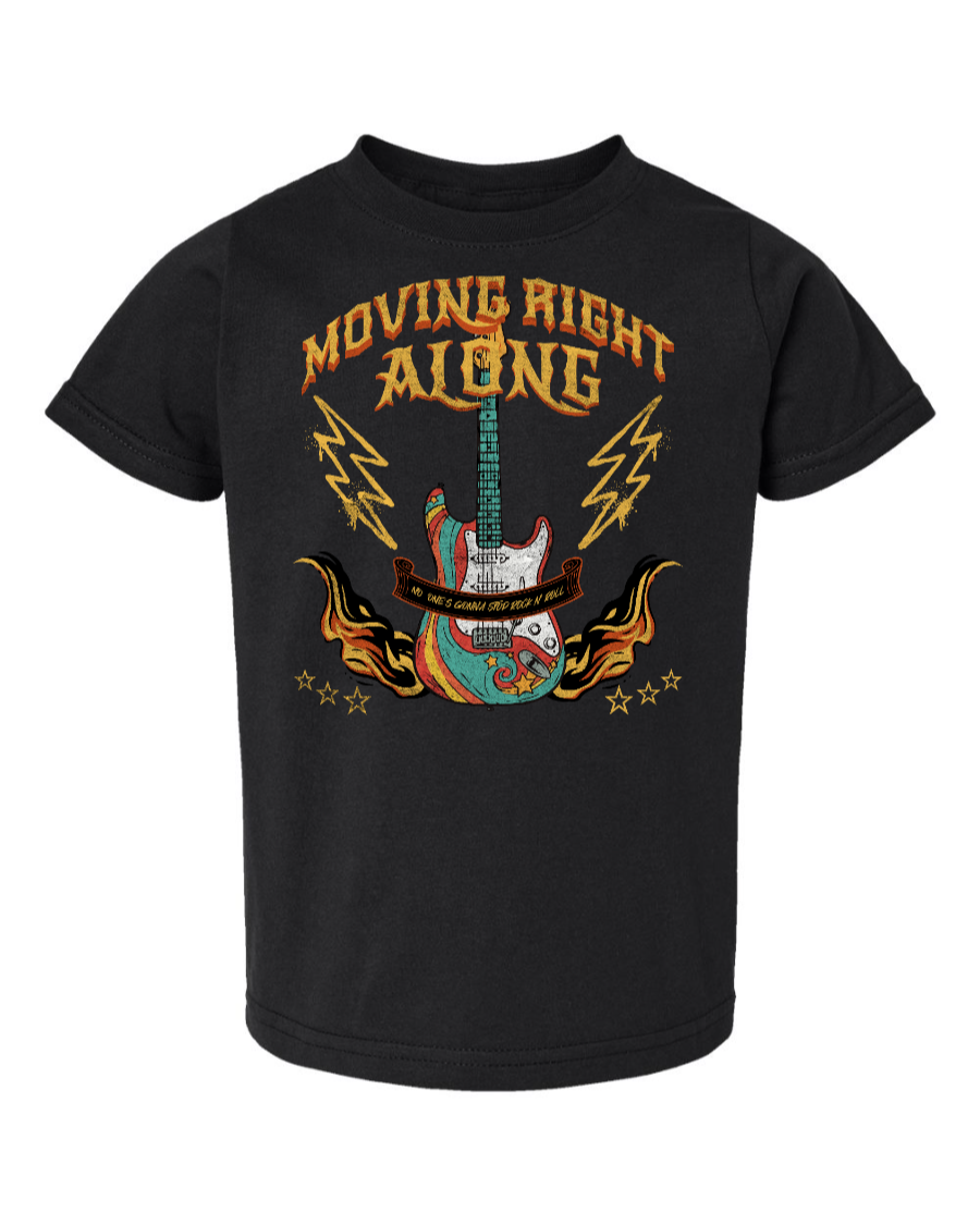 Black toddler kids' shirt featuring the "Moving Right Along" Rock n' Roller Coaster design by Corner of Main.
