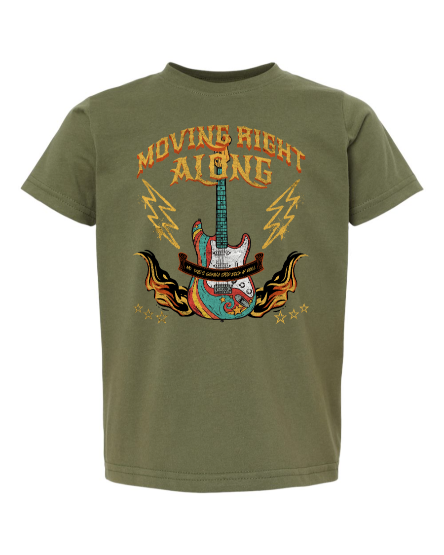 Toddler kids shirt in military green featuring the "Moving Right Along" Rock n' Roller Coaster design, by Corner of Main.