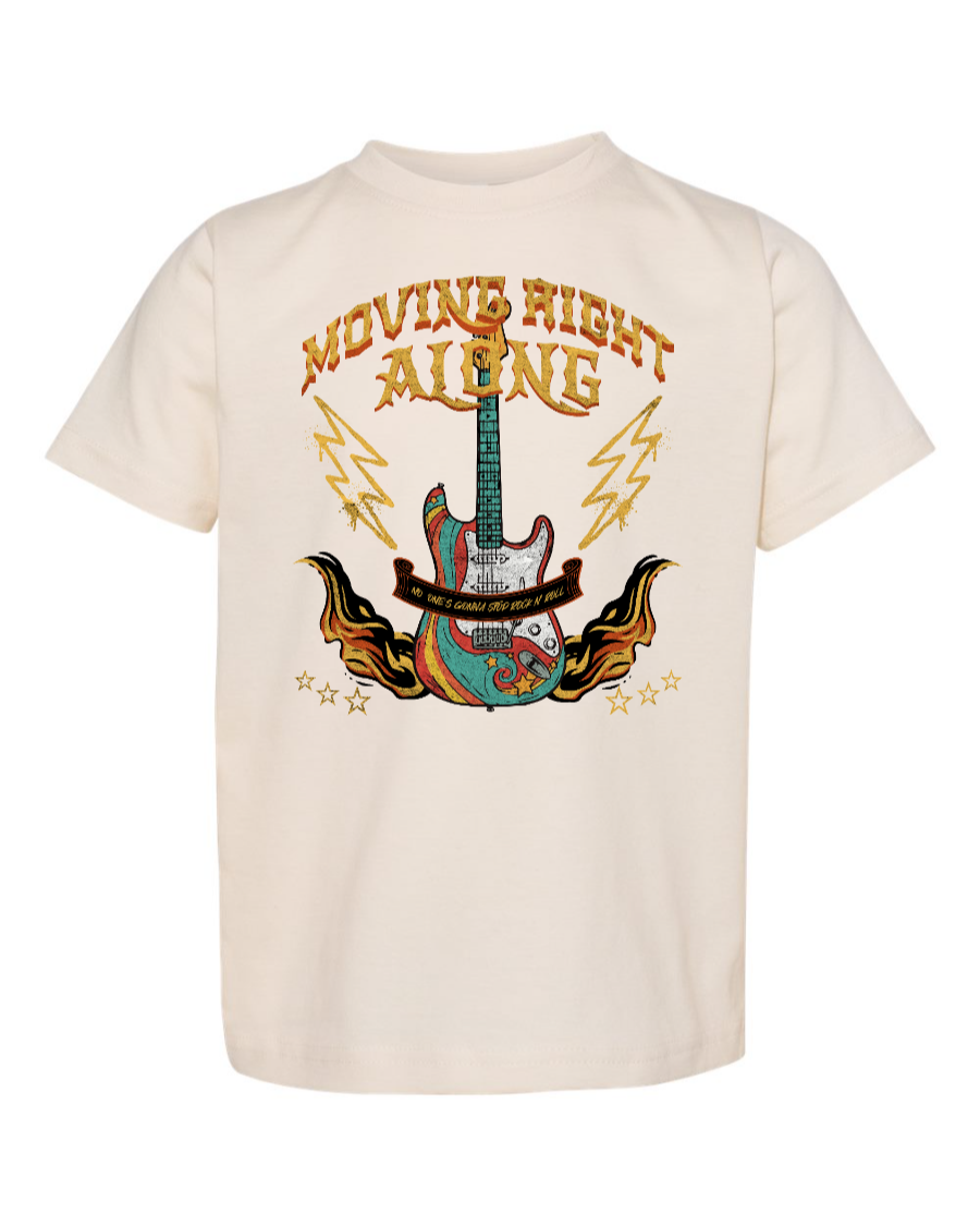 Toddler kids' T-shirt from Corner of Main featuring a colorful "Moving Right Along" rock n' roller coaster design on a natural fabric background.