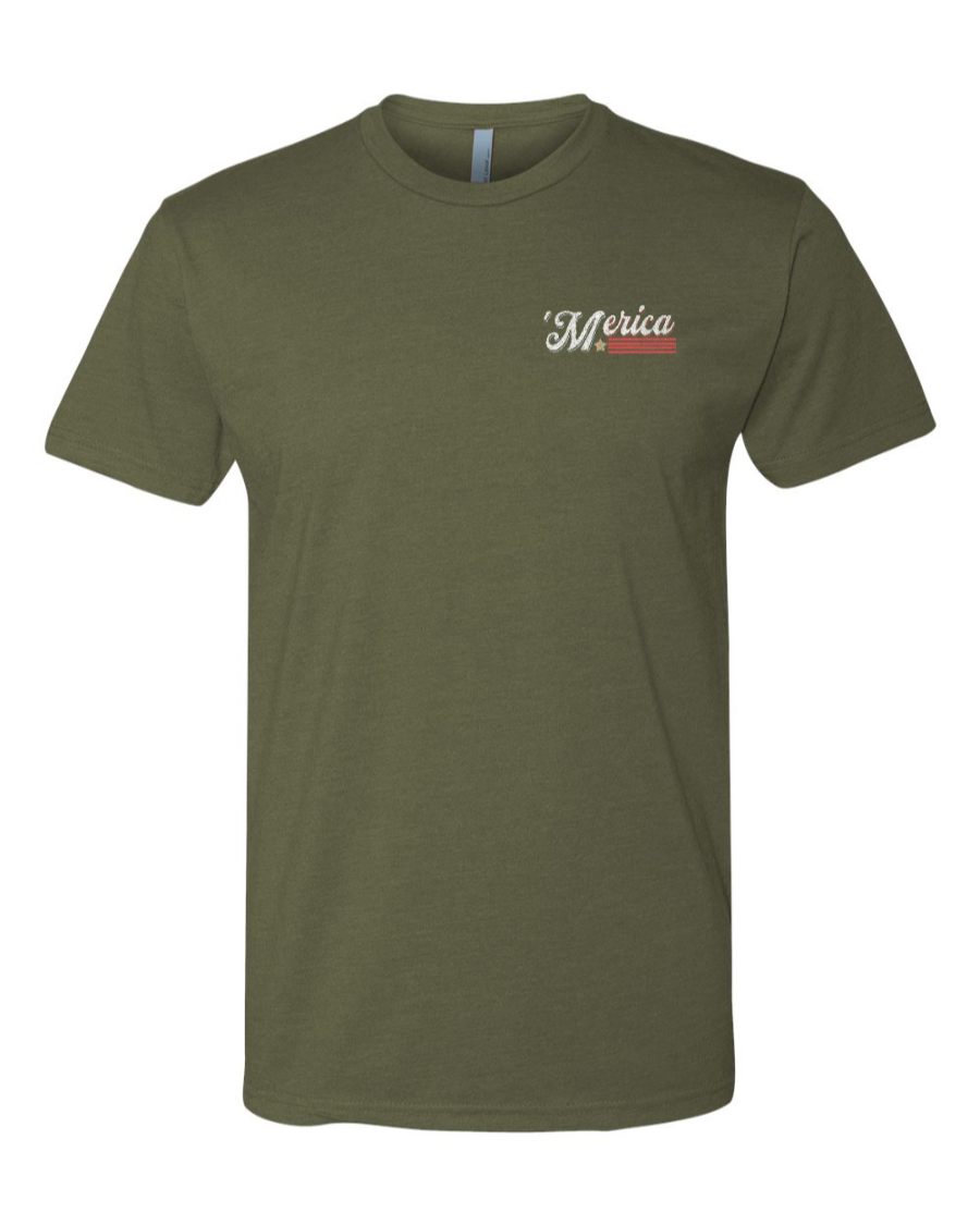 Military green Next Level T-shirt by Corner of Main with "Soarin' Across 'Merica" graphic on the left chest.