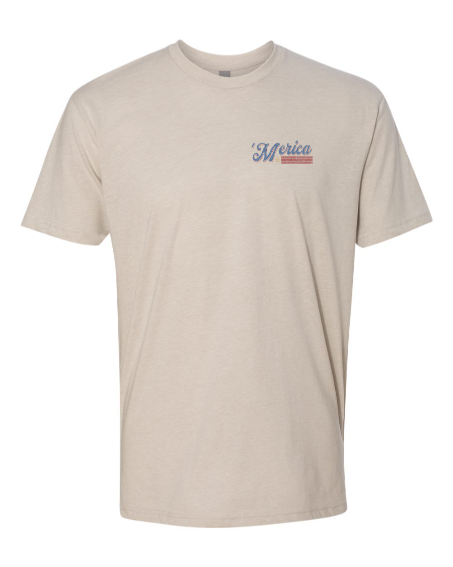 Next Level T-shirt from Corner of Main featuring a Soarin' Across 'Merica design on the sand-colored fabric.