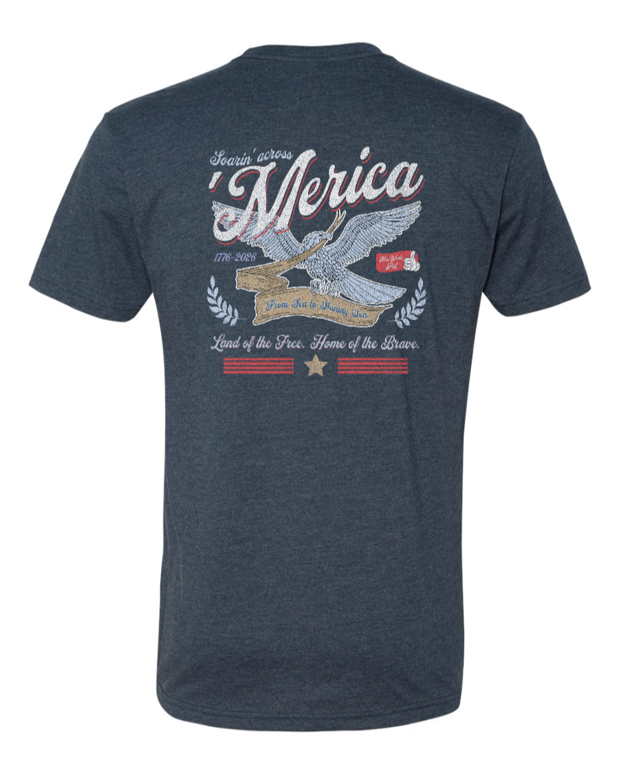 Midnight navy Next Level T-shirt featuring "Soarin' Across 'Merica" graphic design, casual fit, and soft fabric from Corner of Main.