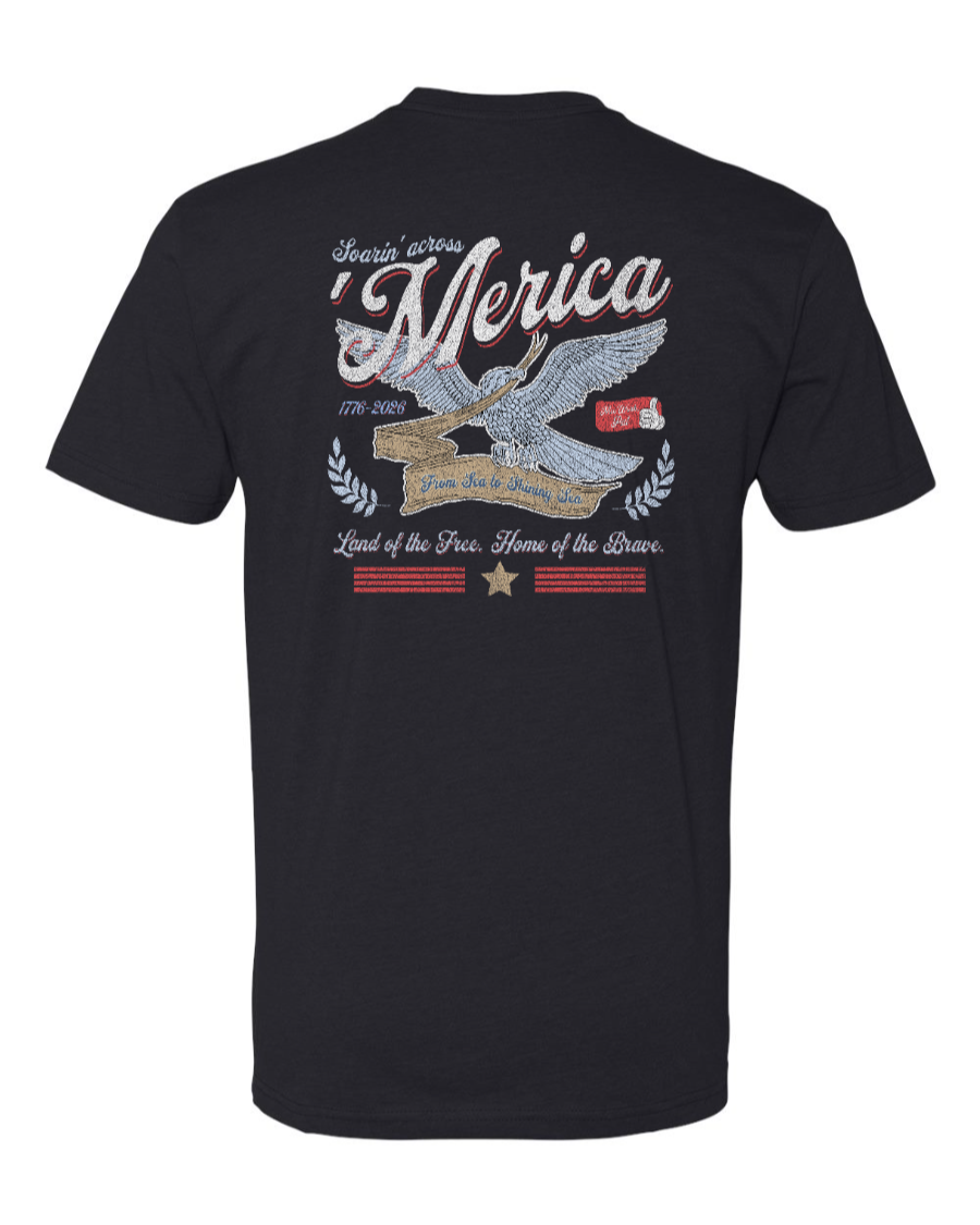Black Next Level T-shirt featuring the "Soarin' Across 'Merica" design by Corner of Main, displayed from the back.