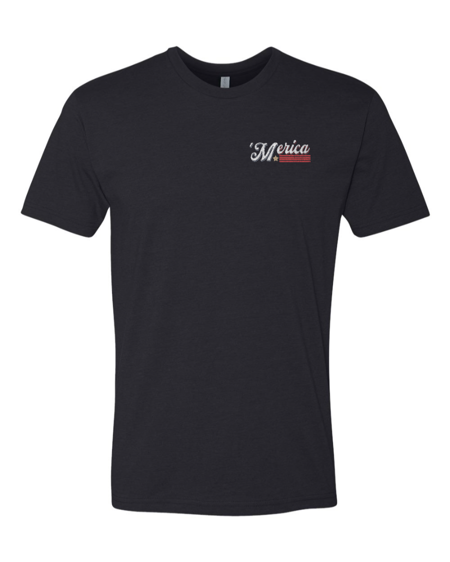 Black Next Level T-shirt by Corner of Main featuring "Soarin' Across 'Merica" design on the left chest.