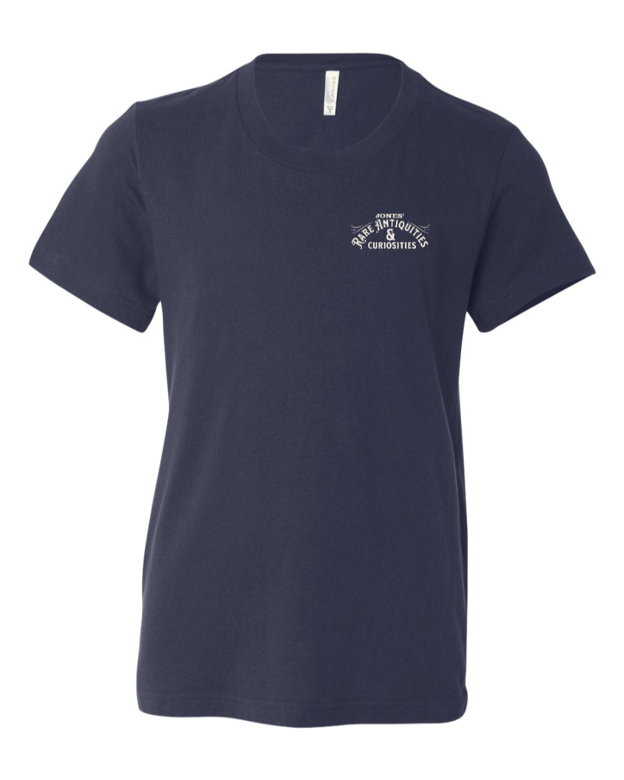 Navy Jones Rare Antiquities youth T-shirt by Corner of Main showing left chest logo and design on soft cotton fabric.