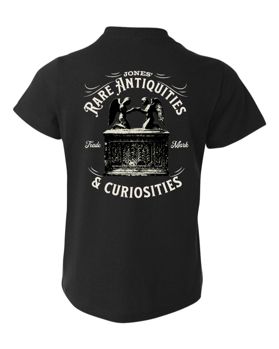 Black Jones Rare Antiquities youth T-shirt by Corner of Main, featuring a stylish graphic design on the back.