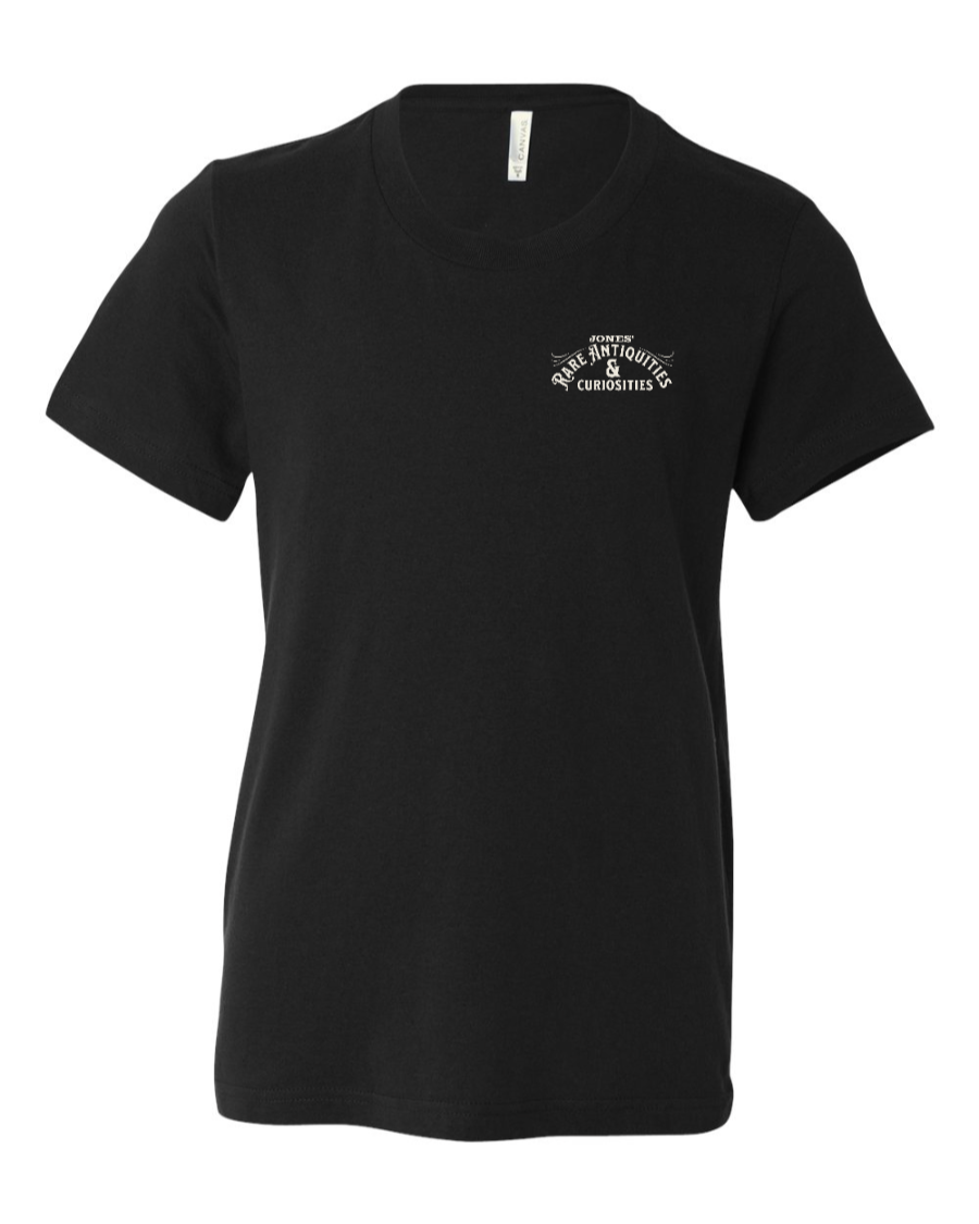 Black Jones Rare Antiquities youth T-shirt by Corner of Main featuring a left-chest logo design.